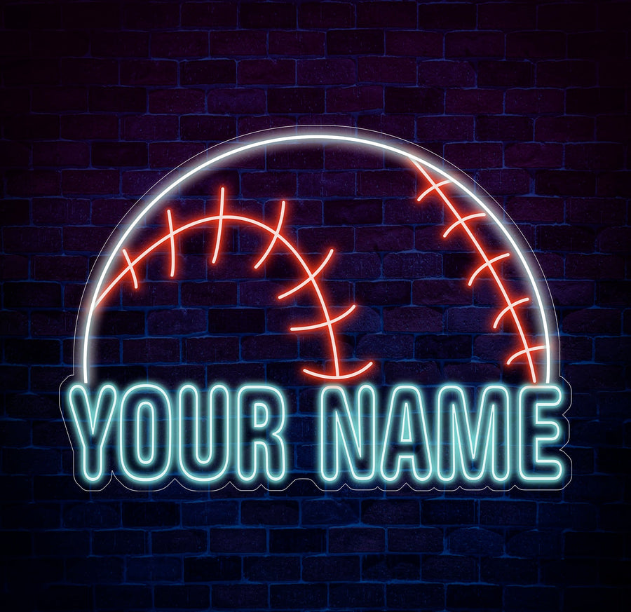 LED neon sign with a baseball and the words YOUR NAME